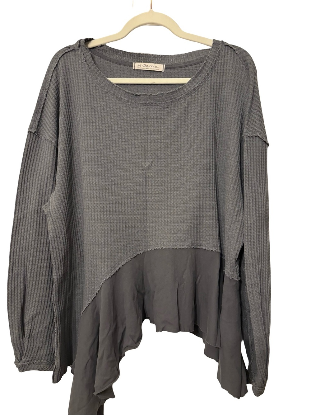 We The Free Charcoal Gray Waffle-Knit Mixed-Media Pullover Medium